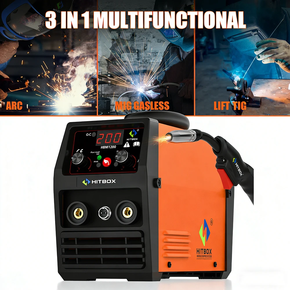 HITBOX MIG Welding Machine 220V 50/60Hz HBM1200 3 in 1 Semi-Automatic Inverter Welder Large Display ARC/MIG/Lift TIG Gasless Soldering Outdoor Home