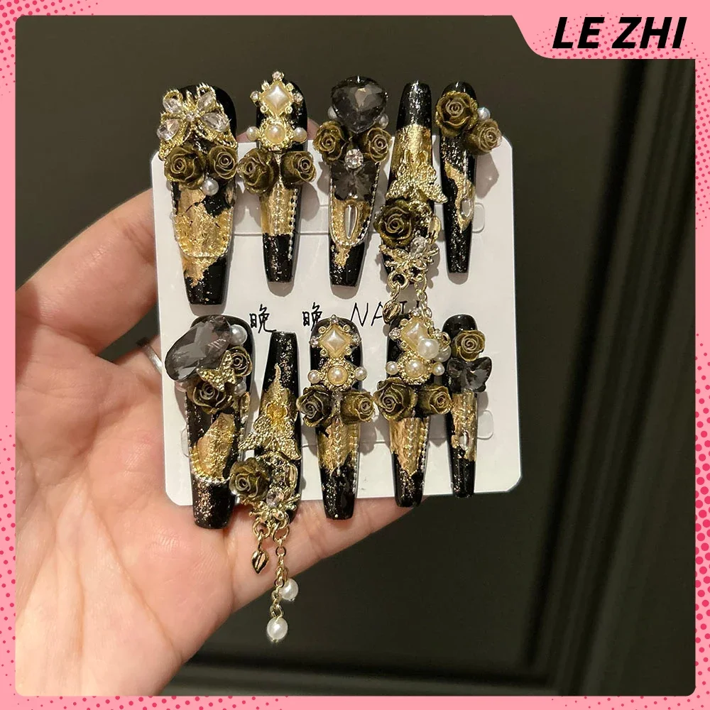 Luxury Court Romantic Rose Handmade Press On Nail Golden Butterfly False Nails 3D Rhinestone Pearl Detachable Full Cover Nails