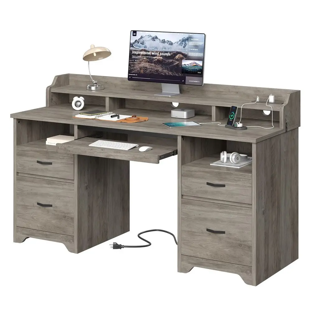 

Farmhouse 59 Executive Desk with Drawers, Wood Computer Desk with Charging Station, Home Office Desk with Keyboard Tray amp Mon