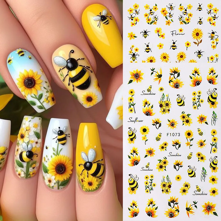 Bee Sunflower Floral Nail Art Stickers with Yellow Daisy Flower Garden Nail Decals Self-Adhesive Sliders DIY Nail Supplies
