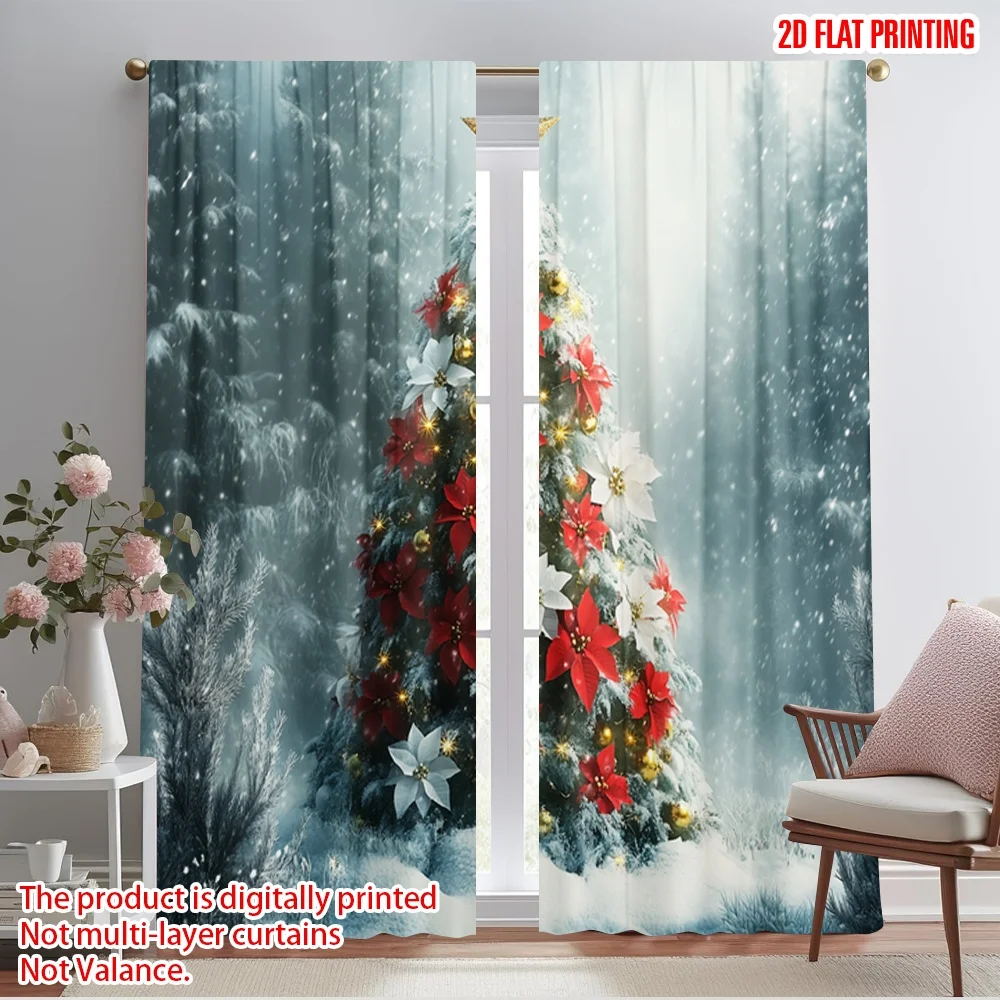 2pcs,2D plane printing Curtain Popular Christmas Tree Snowy Forest Scenery 100% Polyester (without rod) Home Decor Ldeal for