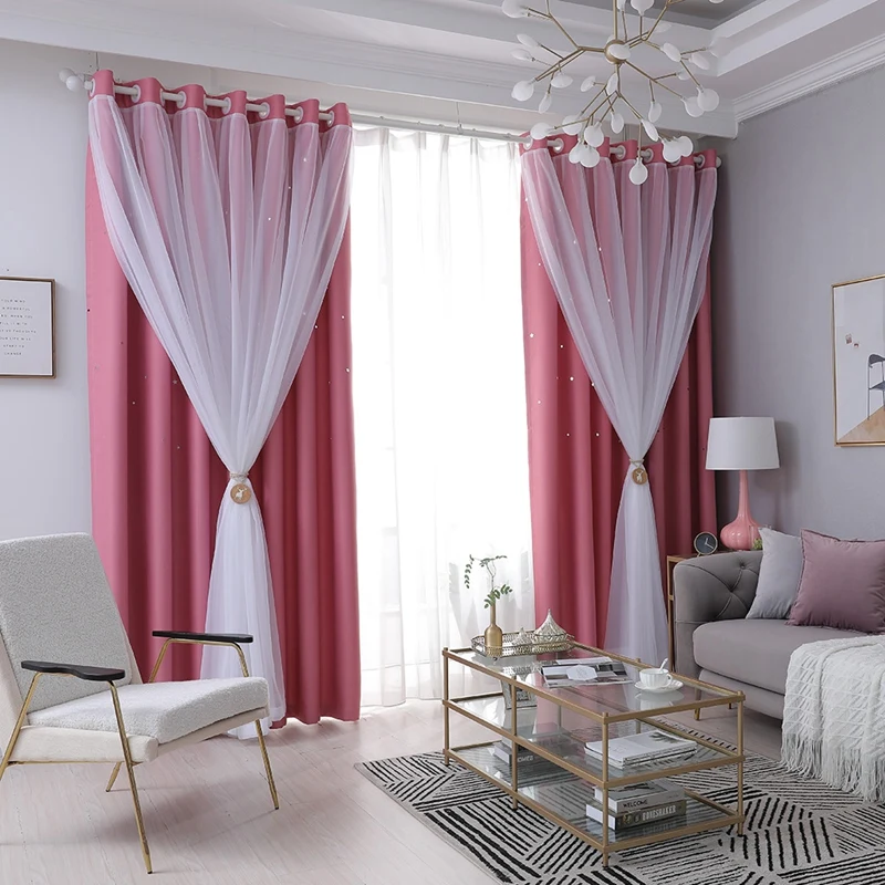 2 Panels Stars Curtains Blackout Curtains for Bedroom Decorative Curtains Solid Color High Shading Double Layer Curtains 40x84in