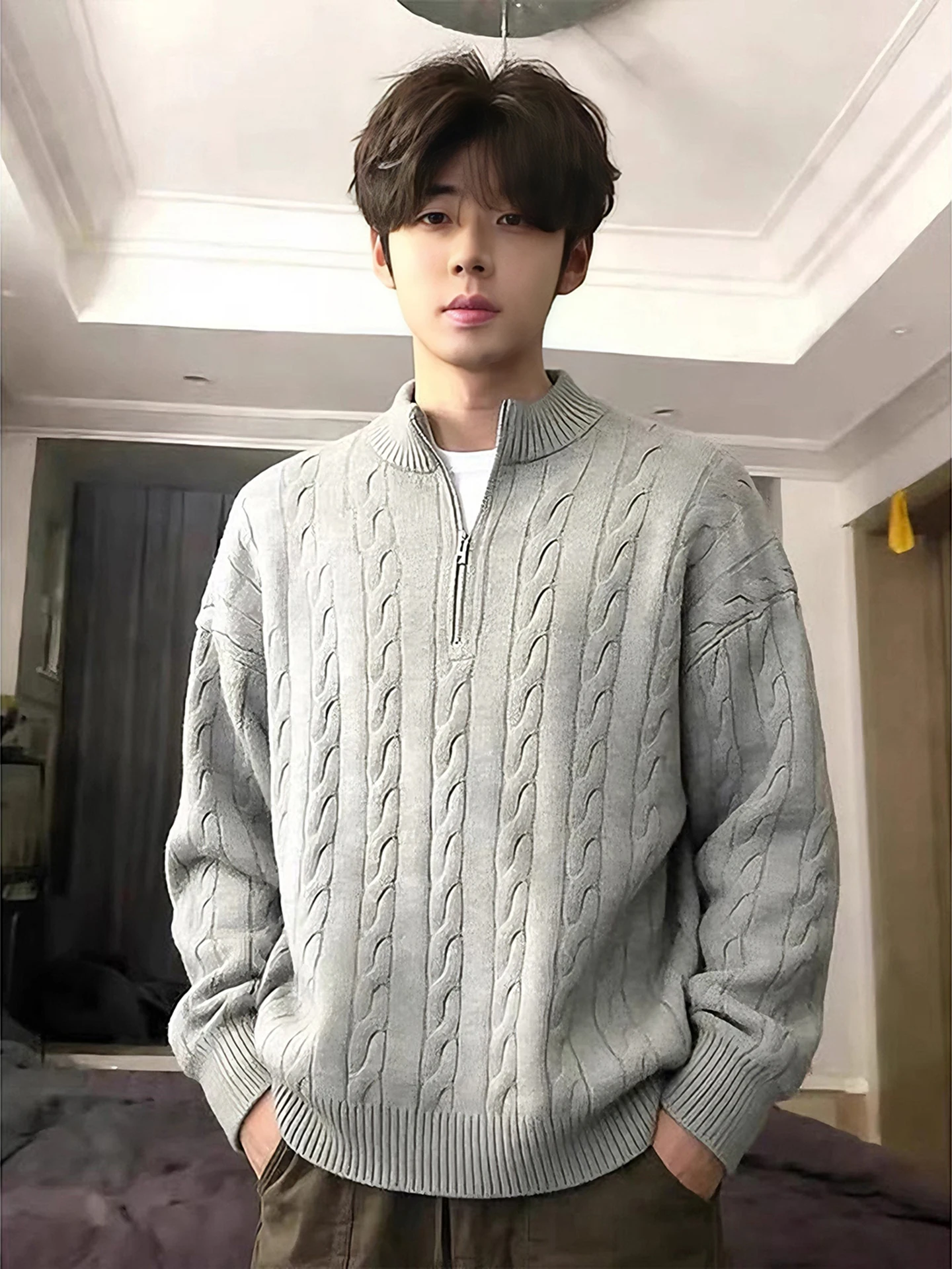 

Мужской вязаный свитер на молнии, свободного кроя, с высоким воротником, винтажный, для зимы и весны, молодежный стиль