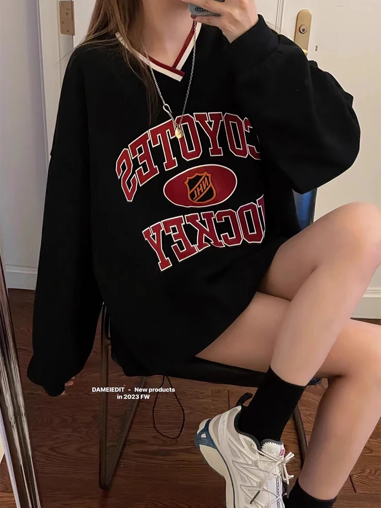 

Худи CHICYAN в американском ретро-стиле, свободного кроя, с длинными рукавами, V-образным вырезом, уличная одежда с принтом, повседневная верхняя одежда для женщин