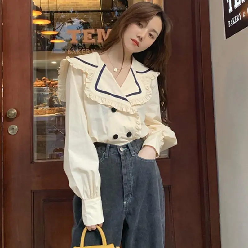 

Navy Style Shirts & Blouses for Women Korea Stylish Cool Korean Popular Clothes Elegant and Youthful Fine Doll Collar Woman Top