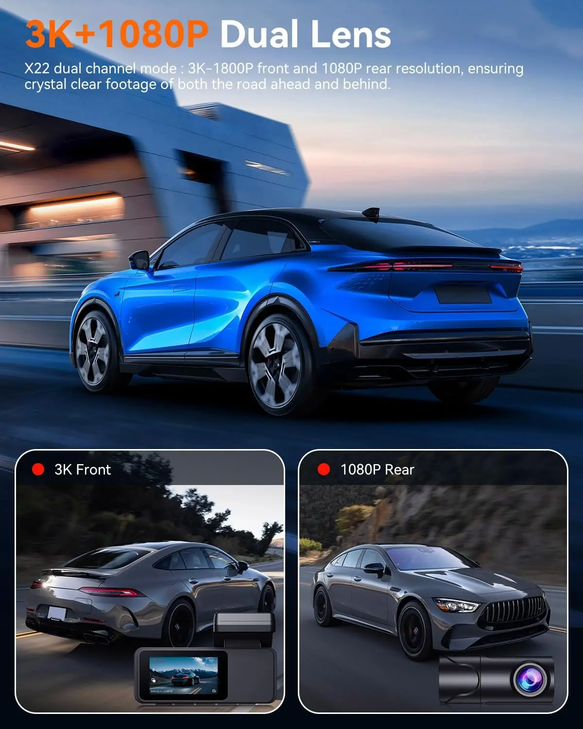كاميرا داش خلفية 4K و3K+1080P، واي فاي، رؤية ليلية، وضع وقوف السيارات 24 ساعة، التحكم في التطبيق، بطاقة 64 جيجابايت مجانية