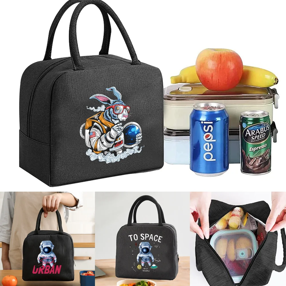 

Lunch Bag Women’s Insulated Cooler Bags Kids Food Thermal Lunch Box Picnic Portable Handbag Astronaut Print Canvas Storage Pouch