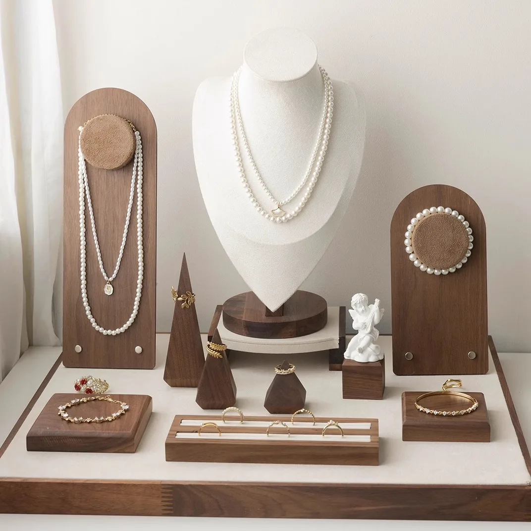 

Vintage Walnut Jewelry Display Stand Set for Necklaces Rings Bracelets and Earrings