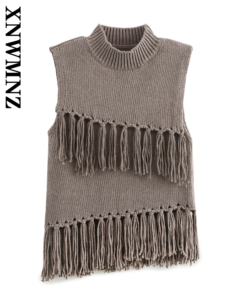 

XNWMNZ 2024 Autumn Lady Commuting Sleeveless Knit Top Jumper Party Winter Female Half high Collar Vest Ruffles Tassel Sweater