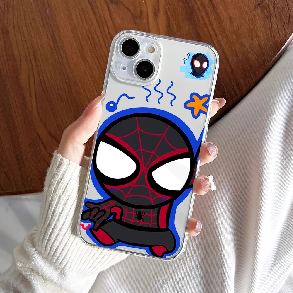 MINISO S-Spider M-Man Gwen Couple Cute Phone Case For iPhone 11 13 16 15 14 12 Pro Max Plus Clear Transparent Soft Shell