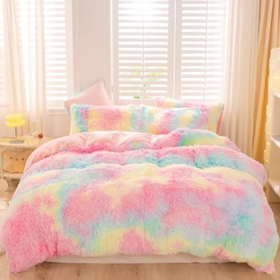 

Faux Fur Duvet Covers Full Size Tie-dye Comforter Cover Set for Girls 3 Pcs Fluffy Colorful Ombre Plush Shaggy Bed Sets for Tee