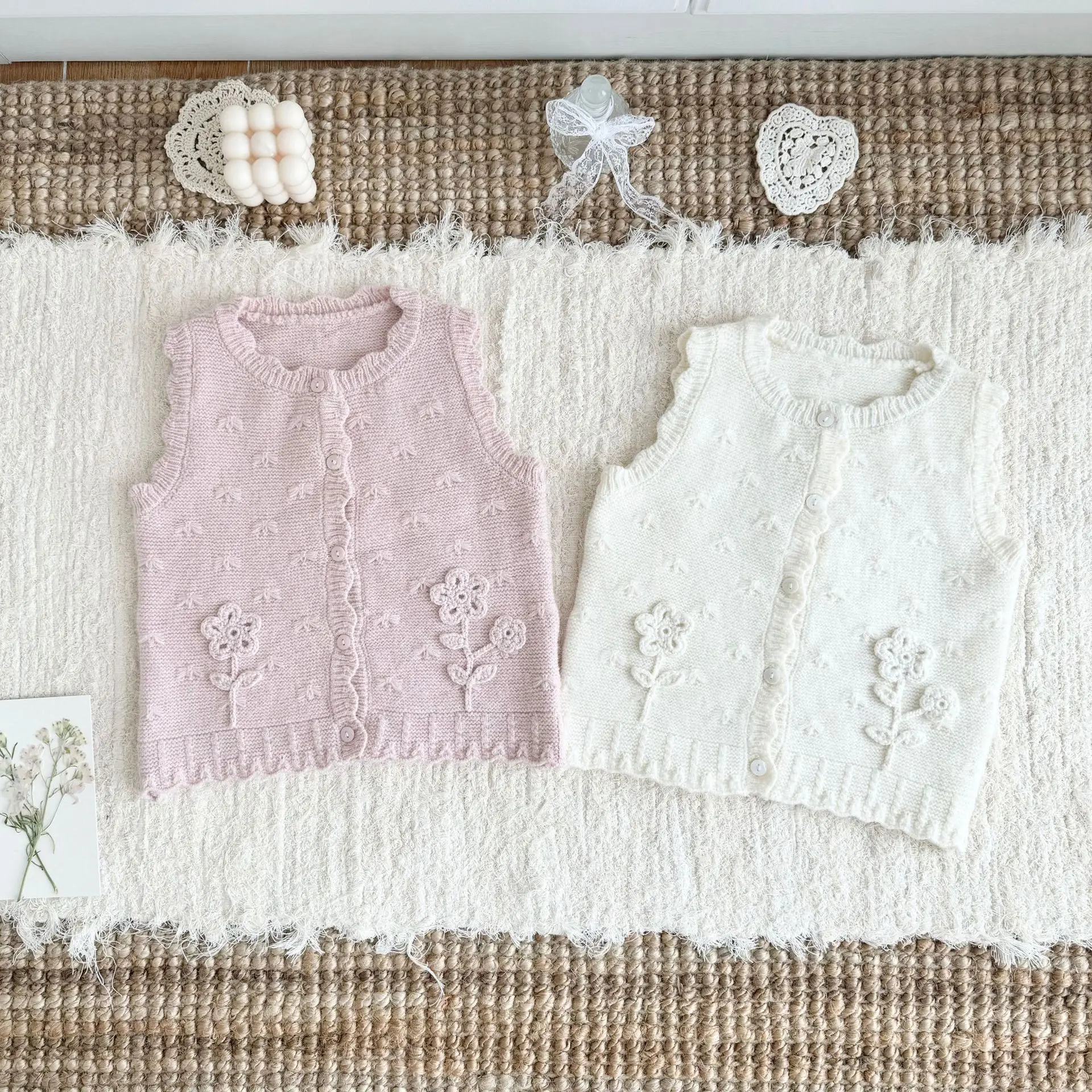 Fall Winter Floral Solid 2026 New Kids Knit Vest Nordic Style Girls Hand Hooked Floral Warm Knit Vest