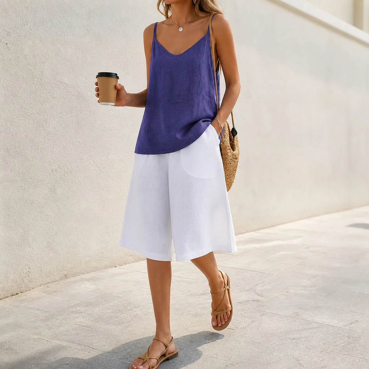 Women's Sweet Loose Fit Backless Cotton Linen Tank Top Solid Color Short Length Non-removable Straps All Seasons Woman Clothing