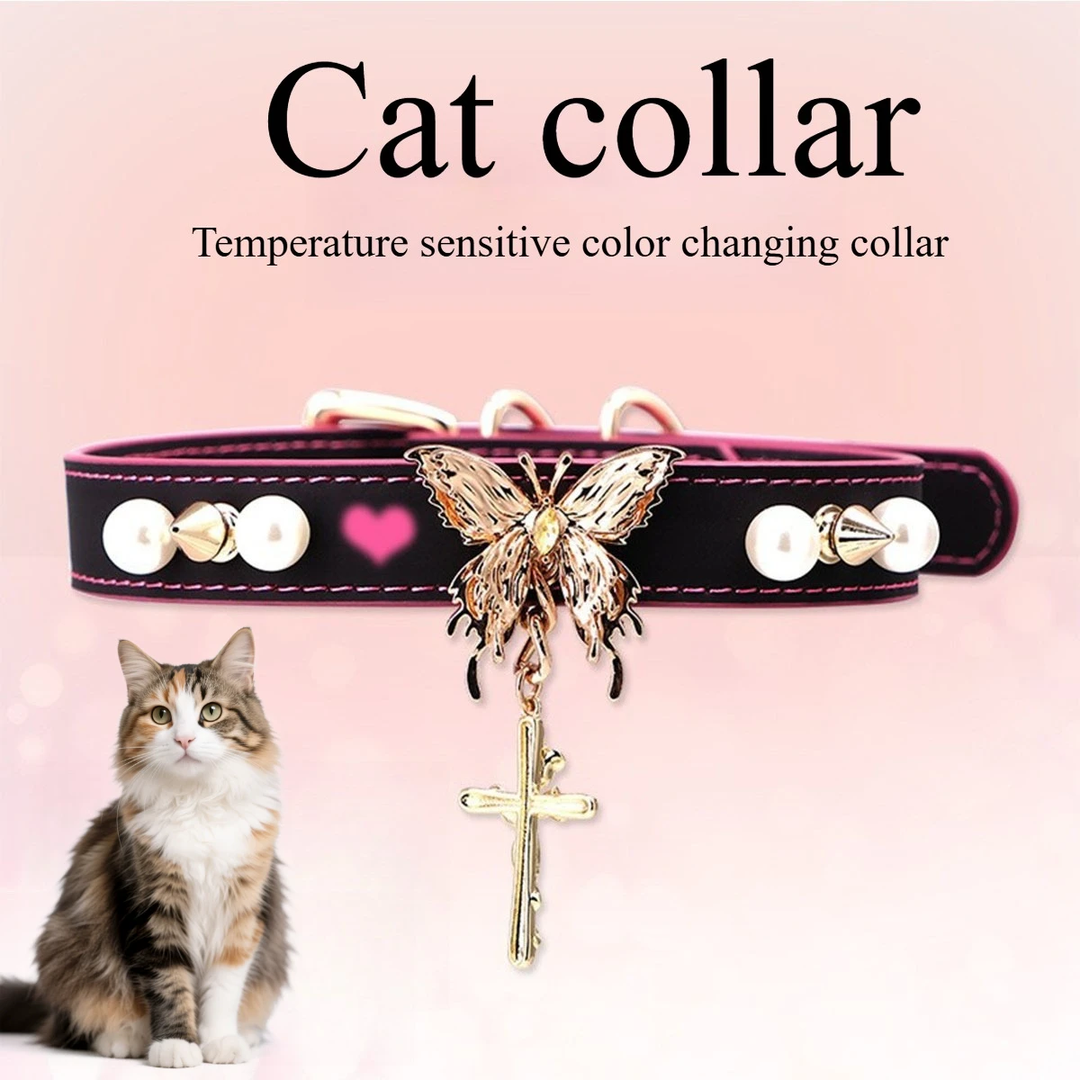 

Cat collar butterfly cross metal buckle Soft material temperature sensitive color change adjustable accesorios para gatos