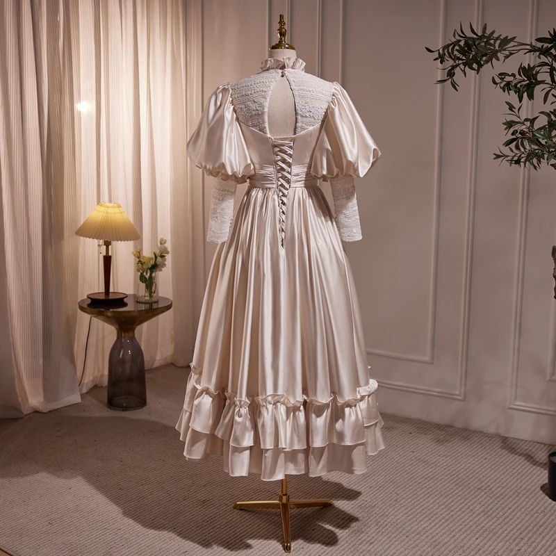 AnXin SH-Robe de soirée à volants en dentelle, col rond, manches longues bouffantes, petite robe blanche personnalisée, satin champagne, fleur princesse