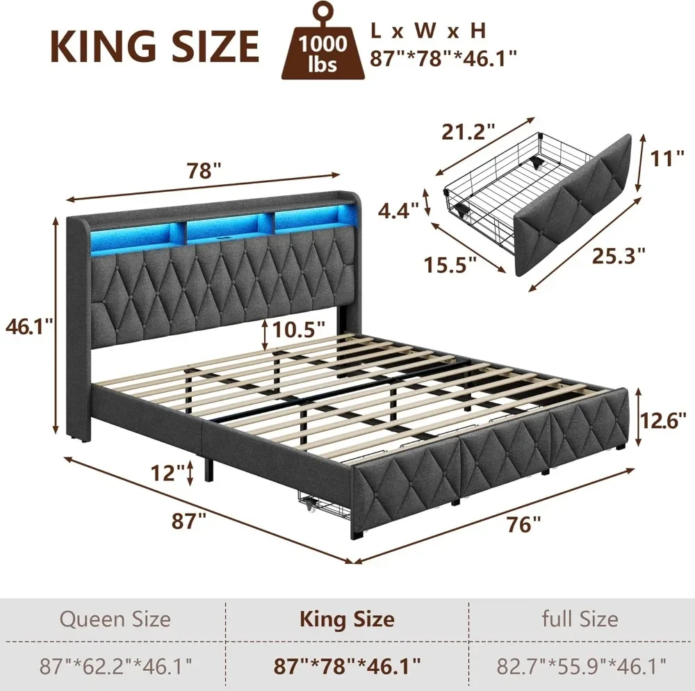 King Size Bed Frame with 3 Storage Drawers, Upholstered King Bed Frame with LED Lights Headboard and Charging Station