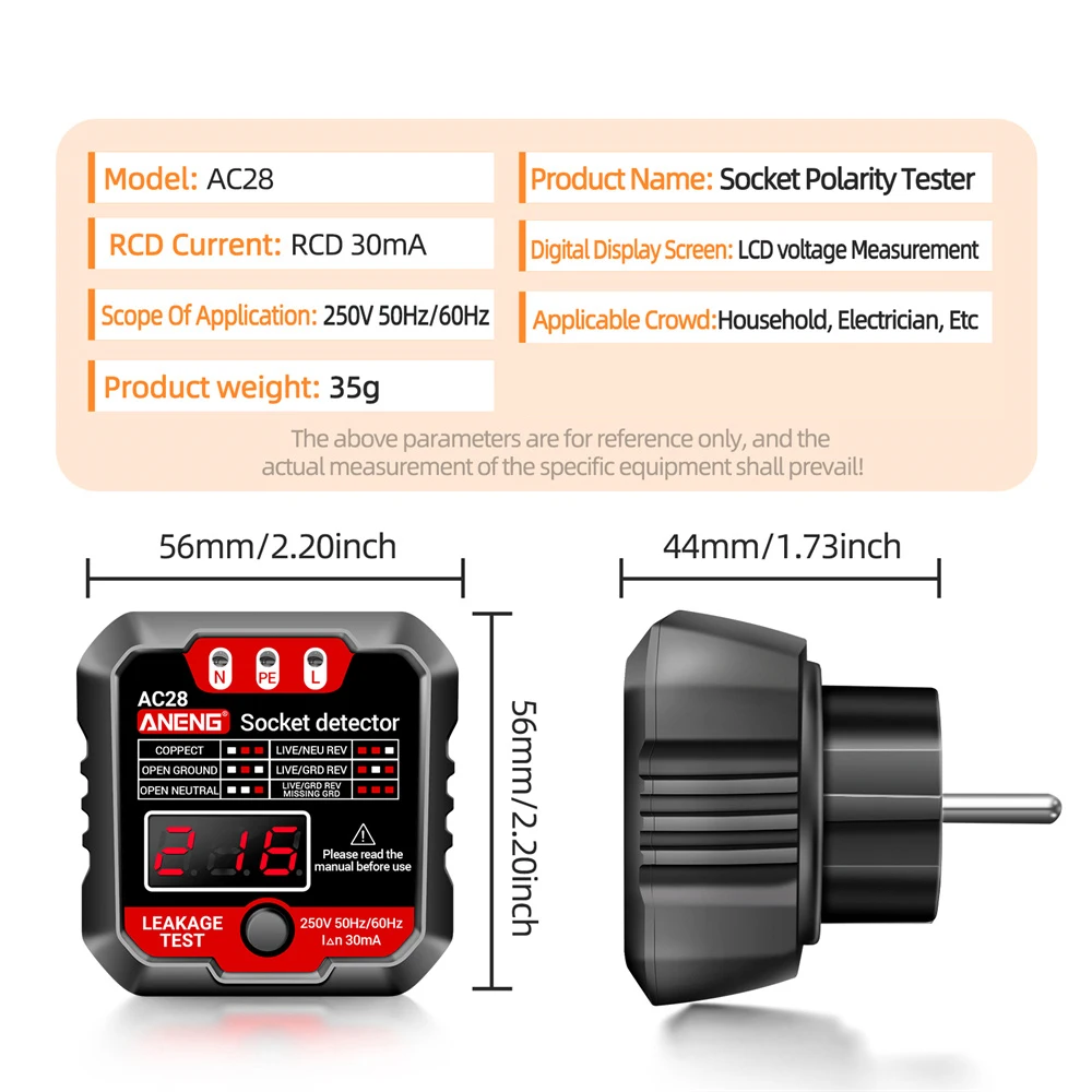 ANENG AC28 Digital Socket Power Tester 250V 50Hz/60Hz Socket Polarity Detector EU/US Plug Voltage Tester Circuit Breaker Finder images - 6