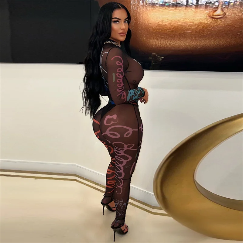 Sexy Print See Through Mesh Two Piece Set Women Outfit 2024 Nightclub Party Long Sleeve Bodysuit Top and Leggings Matching Sets