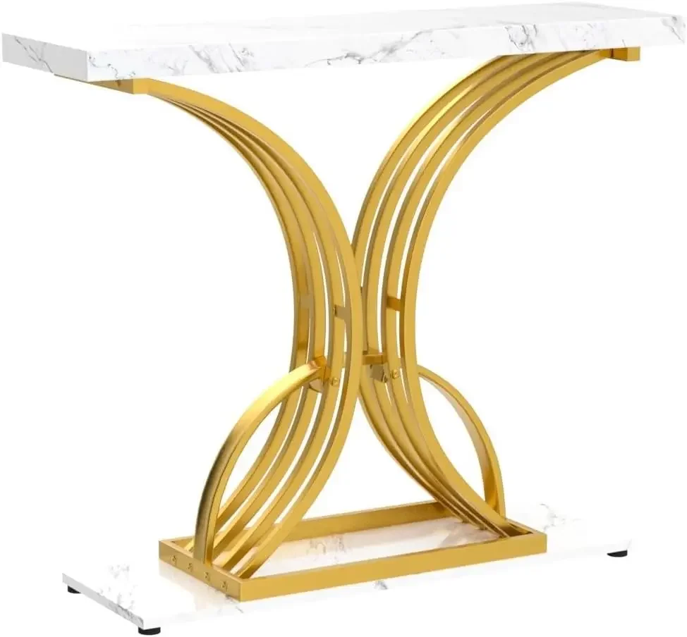 Gold Console Table,Modern Sofa Table for Living Room,Hallway,Stable& Sturdy,40in Narrow Entryway Table,Faux Marble White/Black