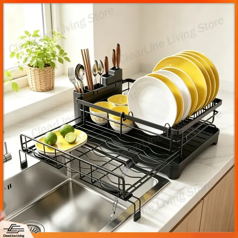 Multifunctional Dish Storage Rack for Kitchen Sink Countertop Chopsticks Plate Drain Organizer Double Layer Foldable view 2