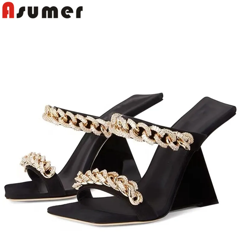 

ASUMER New Microfiber Leather Rhinestone Woman Slippers 2023 Strange Style High Heels Slippers Fashion Ladies Summer Shoes