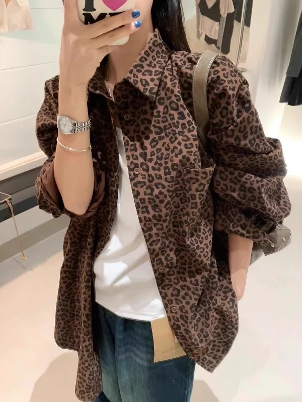 

Женская свободная куртка в стиле ретро с леопардовым принтом на воротнике, осенний дизайн, индивидуальный стиль, небольшой размер