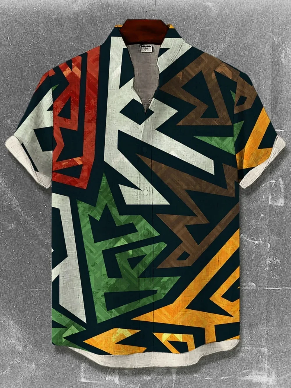 Men's Retro Geometric Pattern Linen Short Sleeve Shirt Stand up Collar Cardigan Casual Men's Clothing
