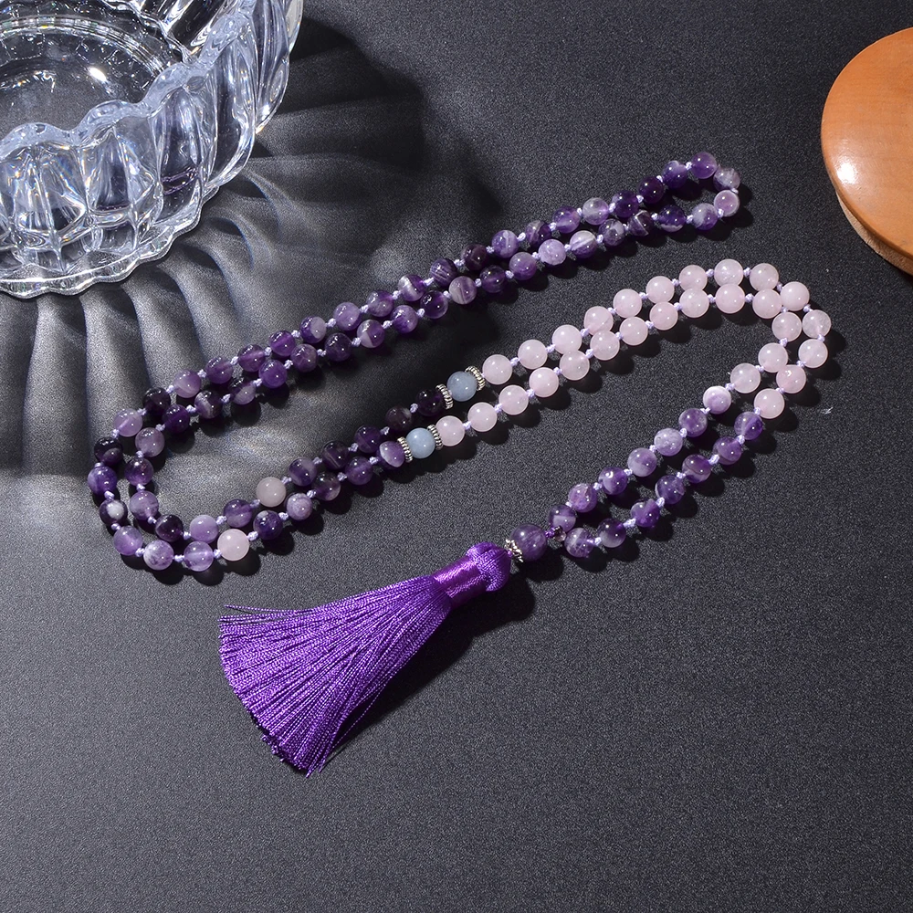 8mm Amethystal Rose Quartz Beaded Knot 108 Mala Necklace Meditation Yoga Prayer Jewelry Japamala Rosary for Women