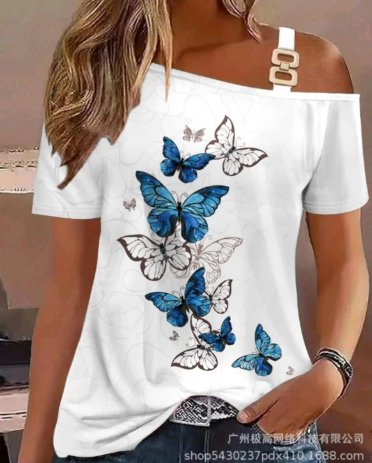 Women's Comfortable T-Shirt 2024 Spring Summer Latest Printed Off Shoulder Square Button Decorative Short Sleeved Top Blouses