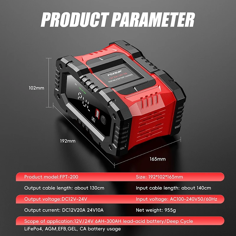 Imagem -02 - Foxsur-carregador de Bateria Portátil de Ferro Lítio 300w 12v 24v Alta Potência Mão para Motocicleta Carro Chumbo Ácido 20a