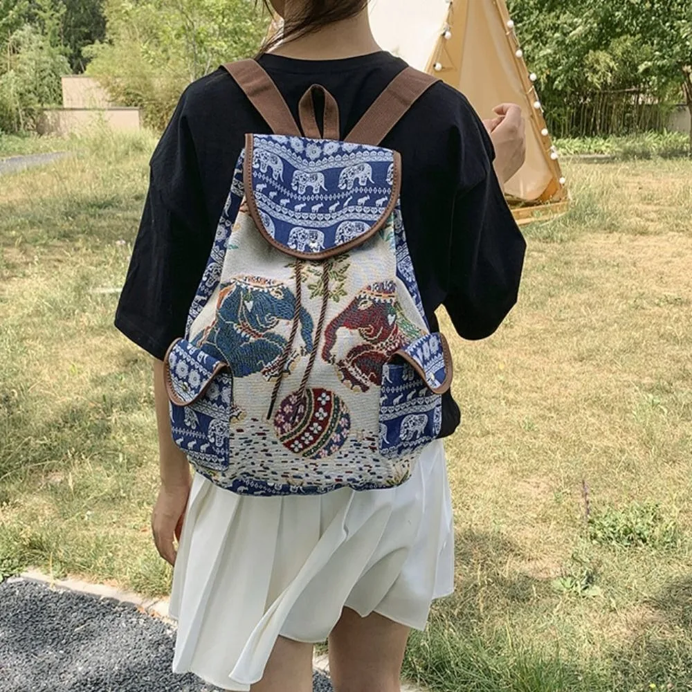 Fashion Ethnic Style Embroidery Knapsack Jacquard Elephant Owl Canvas Animal Drawstring Backbag Casual Bucket Back Bag Travel