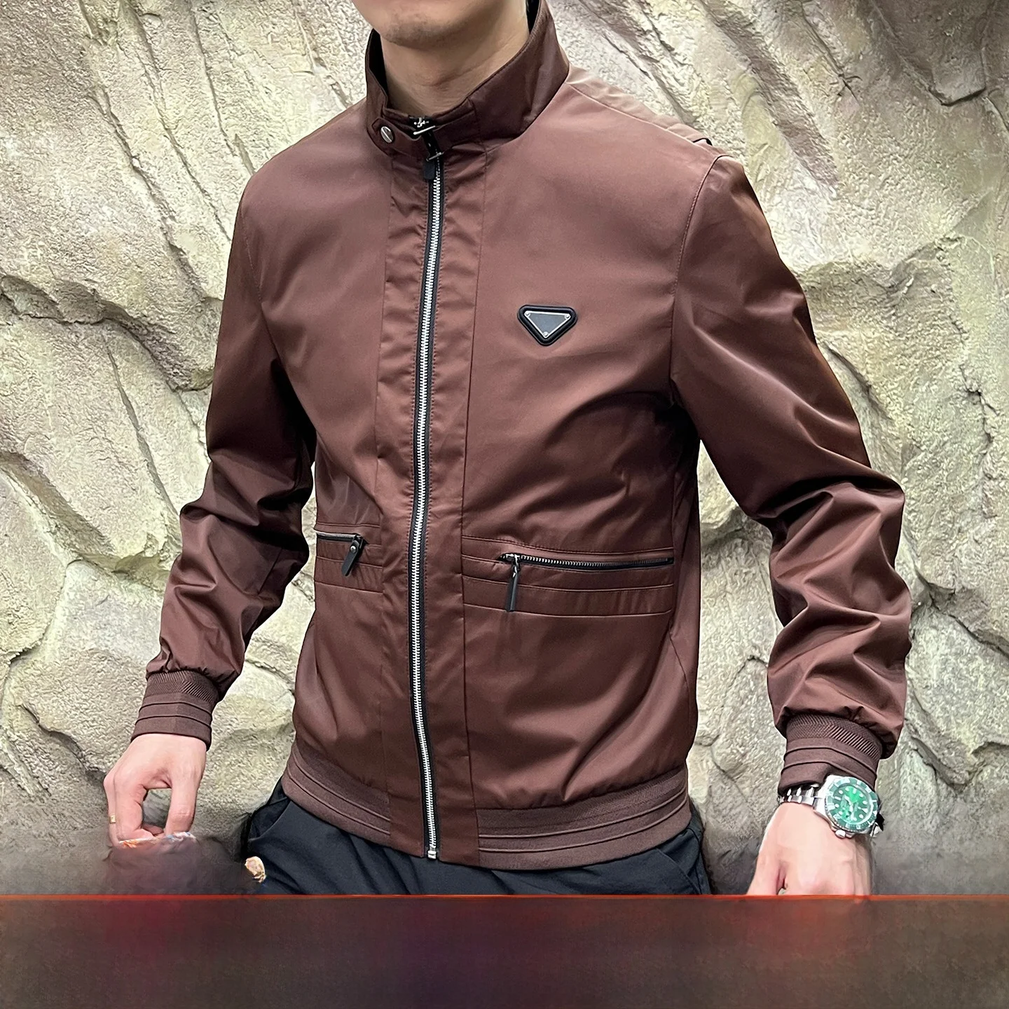 

Italian Sle Memory Waterproof Fabric Busin Outdoor Jaet Men's Stand Fit Long Sve Zipper Closure Nylon Spandex