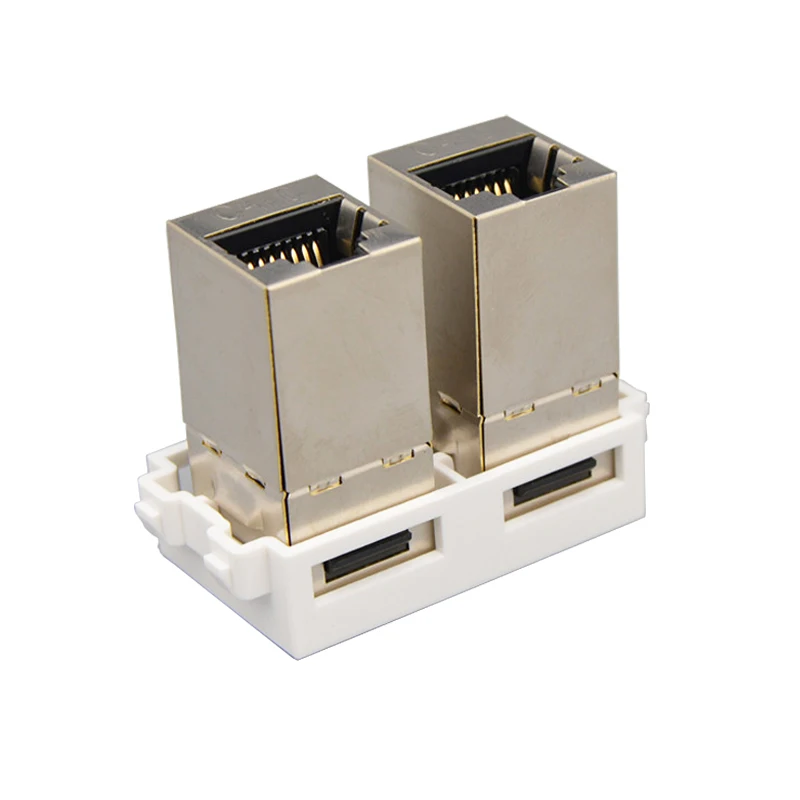 Slot Shiled Módulo LAN, Dois Plugs Rede Passar Através Conector Acoplador, Prata chapeado, 2 Portas, CAT6, RJ45, 23x36mm