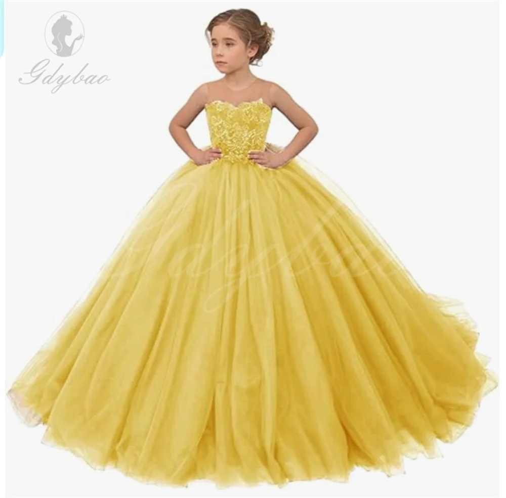 

Tulle Flower Girl Dress for Wedding, Beaded Princess Gown, Sleeveless Pageant Ball Gowns for Kids