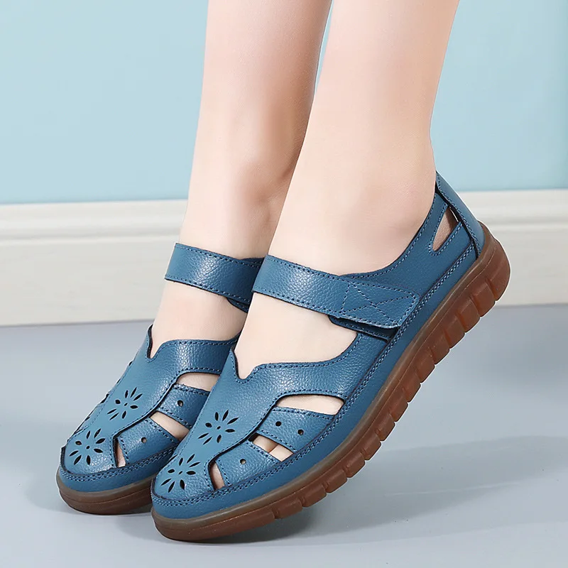 Summer Women Leather Sandals Sewing Hollow Out Fashion Flat Shoes Woman Casual Mother Shoes Beach Sandalias Mujer WSH4273