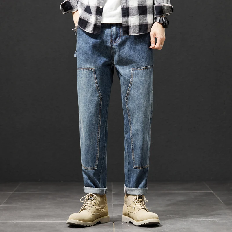 

2025 Cargo Jeans Men Harem Pants Loose Baggy Pants Blue Patched Fashion Designer Pockets Trousers Oversized Tapered Streetwear