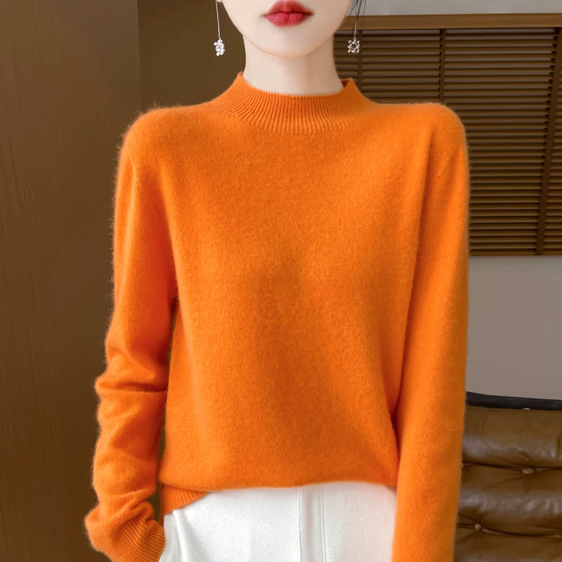 24 autumn and winter new women\'s 100% merino wool cashmere sweater casual knitted semi-high neck solid color pullover jacket