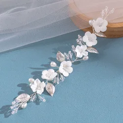 Fasce per capelli con perle di cristallo fantasia brillante con foglia di fiore in lega da sposa intrecciata a mano per le donne