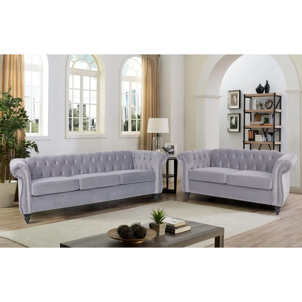 Conjunto de sofá moderno de 2 piezas para sala de estar, terciopelo con botones acolchados, sofá de tres plazas, ribete de cabeza de clavo, brazos de desplazamiento para muebles del hogar