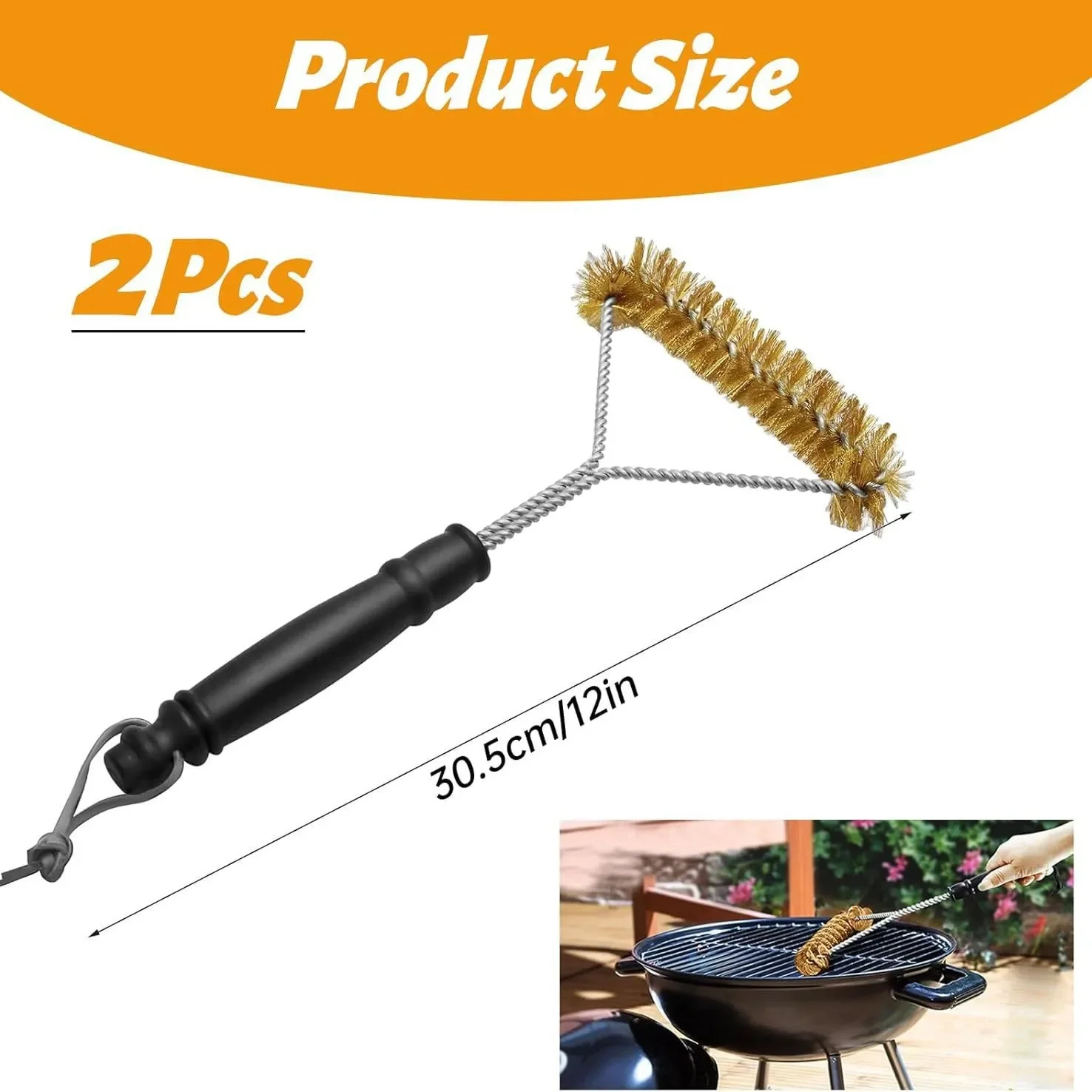 【2 Pc BBQ Grill Brush】Steel Wire Cleaning Brush for Outdoor Grill, Barbecue Scrubber with Handle  Gas Grill Maintenanc