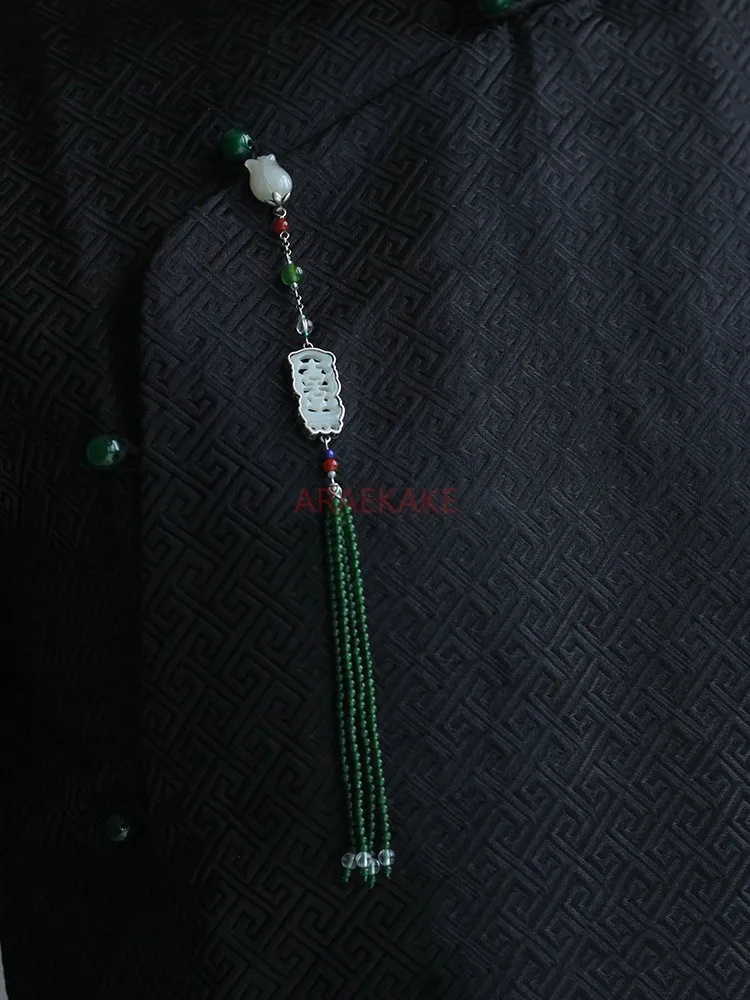 Jade pressed collar hanging decoration, Chinese tassel pendant, cheongsam accessory