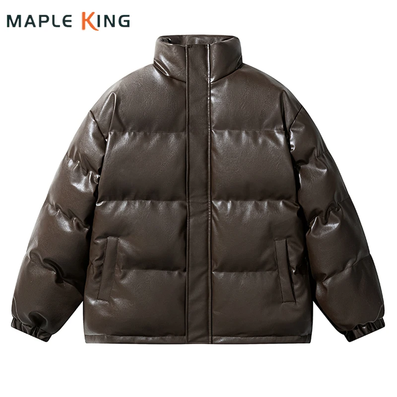 Parka de algodão acolchoado masculino e feminino, casaco grosso quente, corta-vento, solto, couro PU, roupas de grife, High Street, inverno