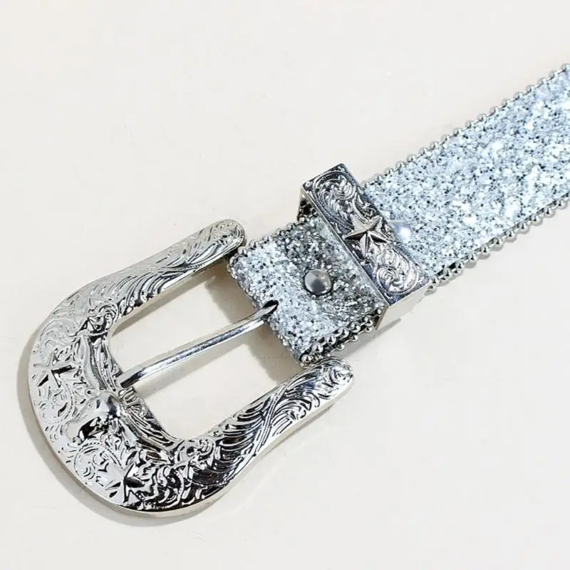 P9FE متلألئ الترتر حزام للنساء حزام خصر الموضة 2000s فتاة جميع مطابقة حزام للجنسين حزام غربي حزام الخصر خمر