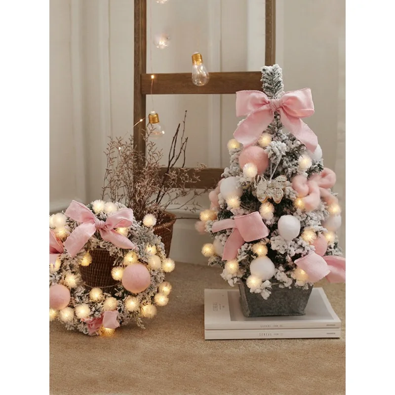 Pink Flocking Christmas Tree Set 60/90cm Desktop Mini Christmas Tree Home Window Ornament