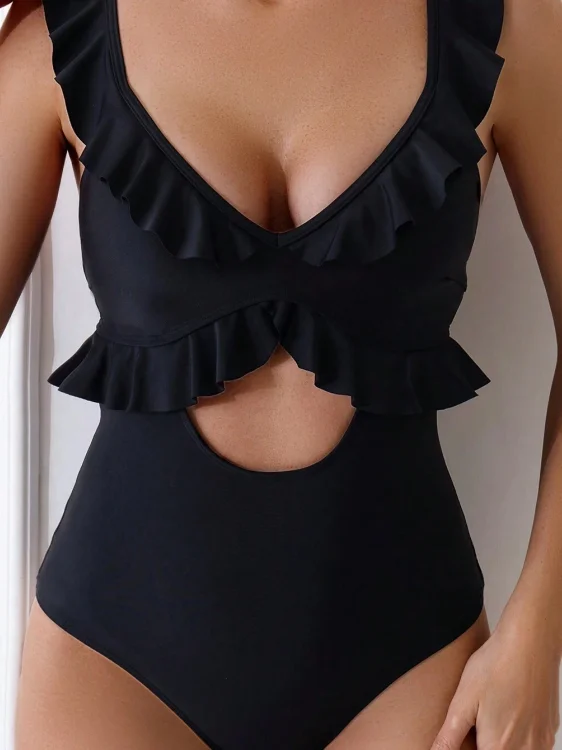 

Sporty Casual One-Piece Swimsuit Women's V-Neck Cover-Up Slimming Triangular Design No Sleeve Removable Breast Pad