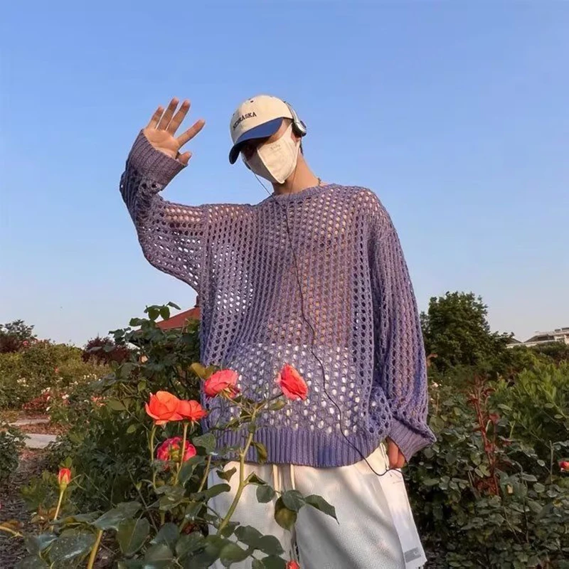 

Hollow Out Knitted Long Sleeve Unisex Black Shirt Beach Men Oversized Women White Blouses Luxury Summer Fashion Loose Hawaiian