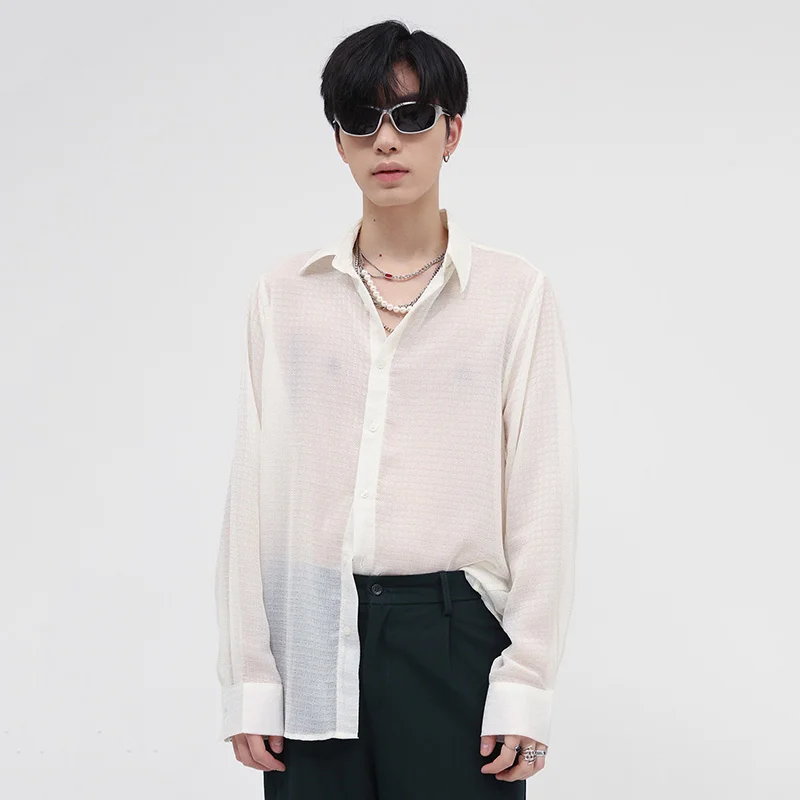 Blue Men's Shirts 2022 Spring Summer New Korean Fashion Loose Solid Color Casual Oversized Blouse Lapel Clothing 2A0287