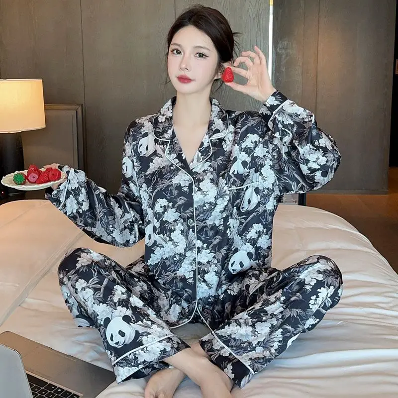 중국 스타일 레트로 블랙 팬더 프린트 여성 잠옷, 클래식 우아한 화이트 꽃 잠옷, 2025 가을 용수철 신상