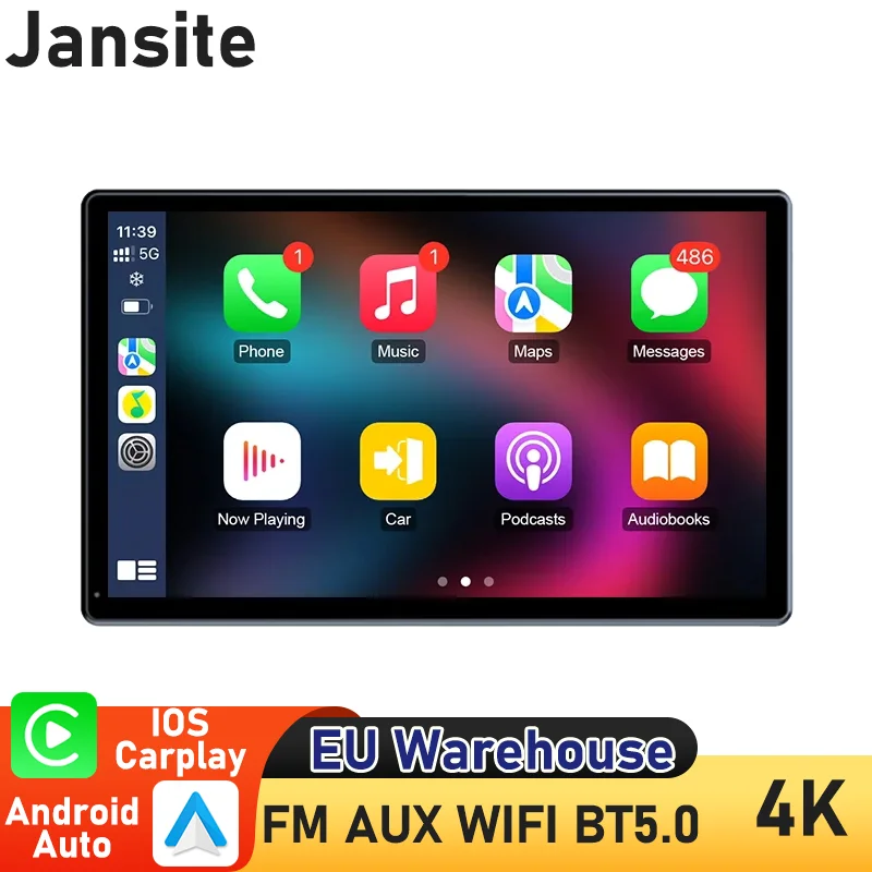 Jansite Autoradio portable universel à écran tactile HD de 9 pouces, système intelligent pour Apple Carplay, Android Auto, prise en charge du changement d'écran horizontal et vertical, vision nocturne, lecteur multimédia pour voiture, navigation GPS intégrée, WIFI, BT, AUX, FM, Mirror Link