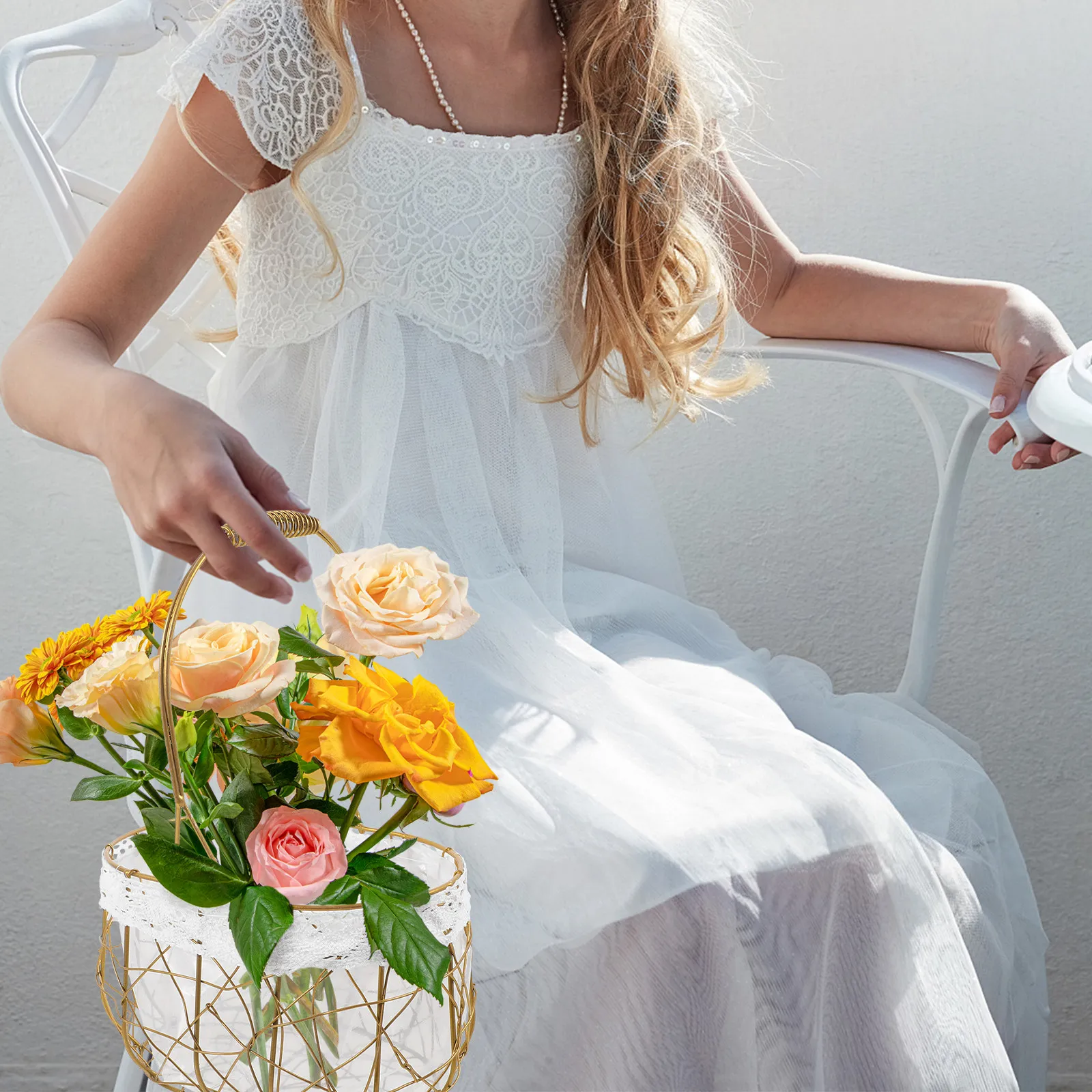 

Портативная корзина для цветов из проволоки с пластиковым вкладышем, кружевным краем, водонепроницаемая, декоративная, для цветочных композиций, многофункциональная, для хранения